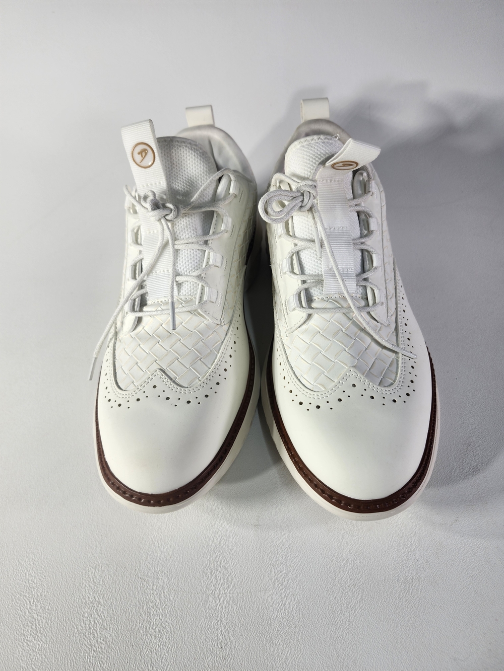 White Men’s Woven Leather Sneakers with Brown Trim